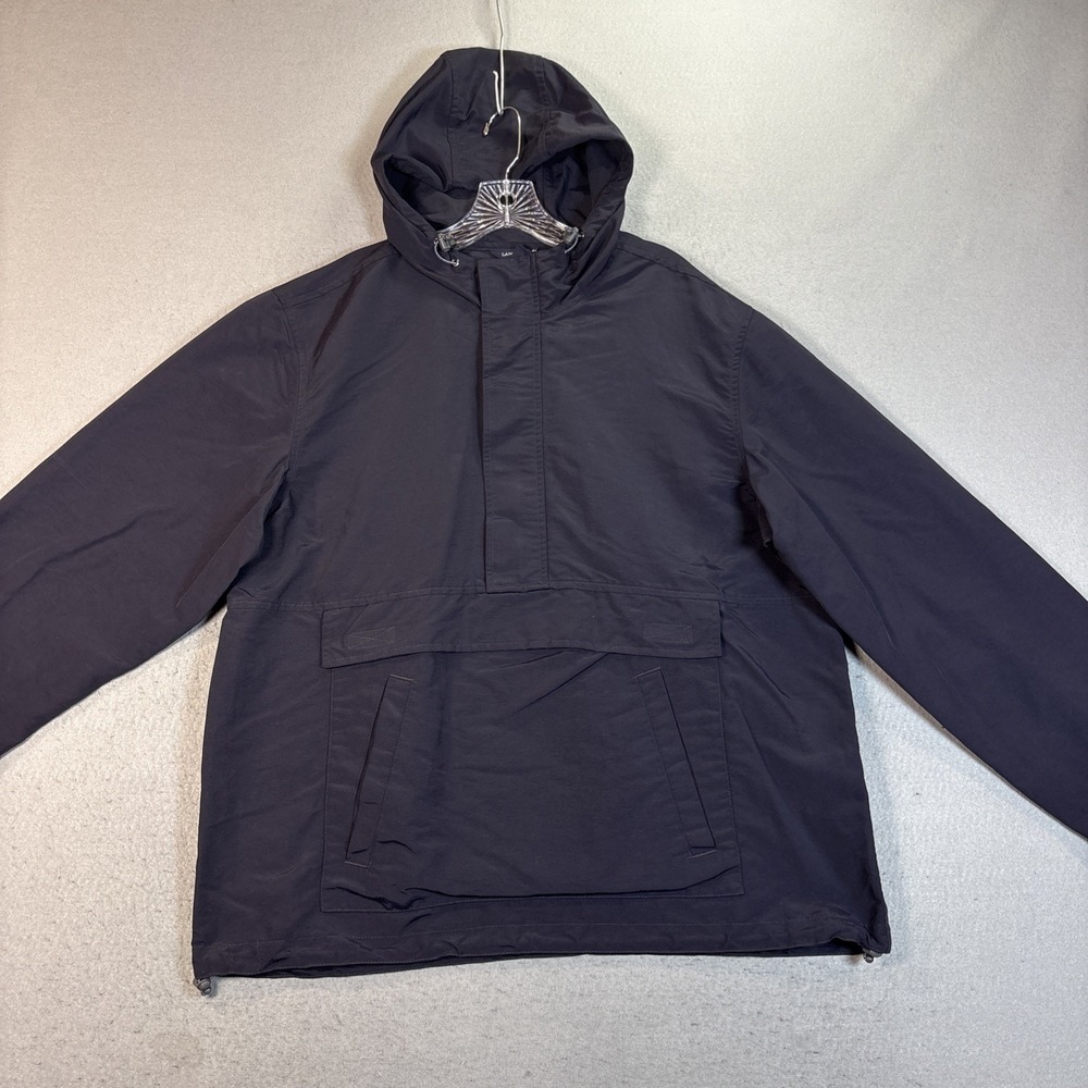 Lands End Jacket Mens L Black Nylon Hooded Anorak Pullover Windbreaker